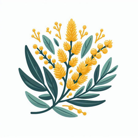 Mimosa branch with leaves and yellow flowers. Vector illustration.のイラスト素材
