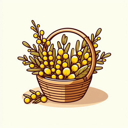 Wicker basket full of yellow mimosa flowers. Vector illustration.のイラスト素材
