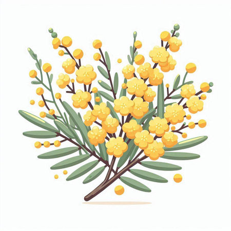 Mimosa branch with yellow flowers isolated on white background. Vector illustration.のイラスト素材