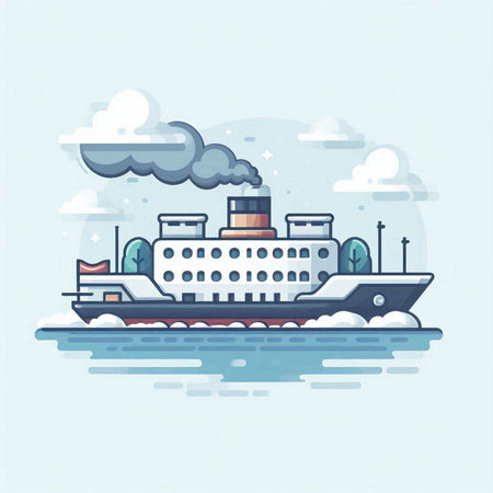 Ferry in the sea. Vector illustration in flat linear style.のイラスト素材