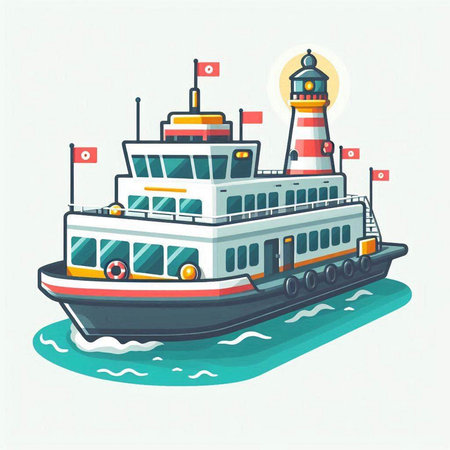 Vector illustration of a cruise ship on the sea. Flat style.のイラスト素材
