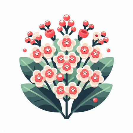 Bouquet of red flowers and green leaves. Vector illustration.のイラスト素材