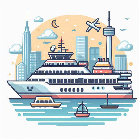 Cruise ship in the city. Vector illustration in flat style.のイラスト素材