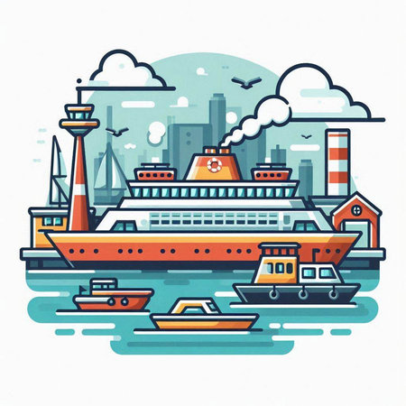 Vector illustration of a ship in the port. Cargo ship, tugboat.のイラスト素材