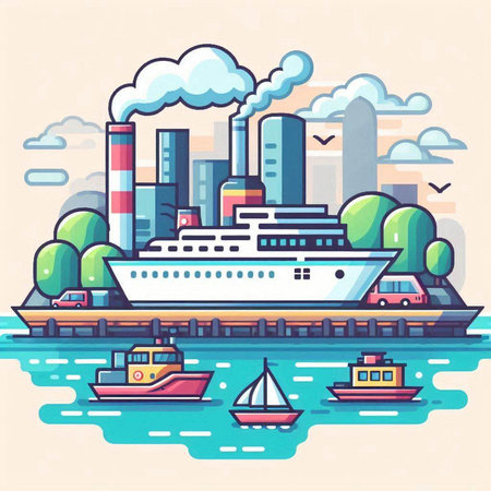 Cruise ship on the river. Vector illustration in flat style.のイラスト素材
