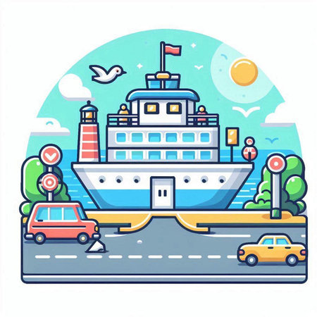 Cruise ship on the road. Vector illustration in flat style.のイラスト素材