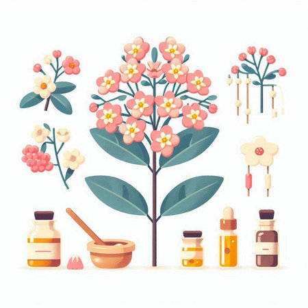 Flowering tree and aromatherapy. Vector illustration in cartoon styleのイラスト素材