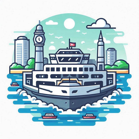 Flat line art vector illustration of a cruise ship on the water.のイラスト素材