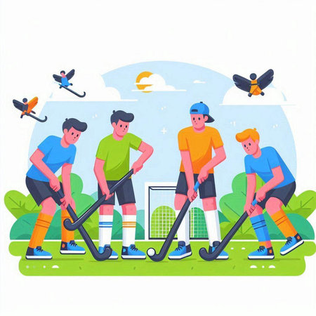 Group of young men playing soccer on the field. Flat vector illustration.のイラスト素材