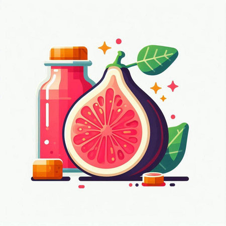 Fruit juice bottle and fresh figs. Vector illustration in flat styleのイラスト素材