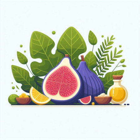 Figs, lemon, honey, spices and leaves. Vector illustration.のイラスト素材