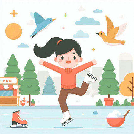 Girl skating on the ice rink in the park, vector illustration.のイラスト素材
