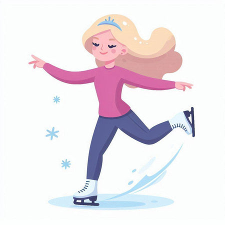 Girl skates on ice. Vector illustration in flat cartoon style.のイラスト素材