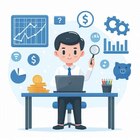 Businessman working on laptop and analyzing financial data. Vector illustration.のイラスト素材
