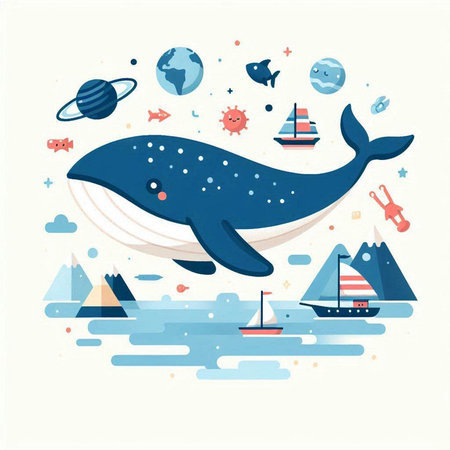 Cute cartoon whale in the sea. Vector illustration of marine life.のイラスト素材