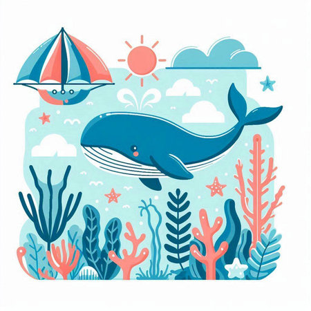 Cute vector illustration of a whale in the sea. Vector illustration.のイラスト素材