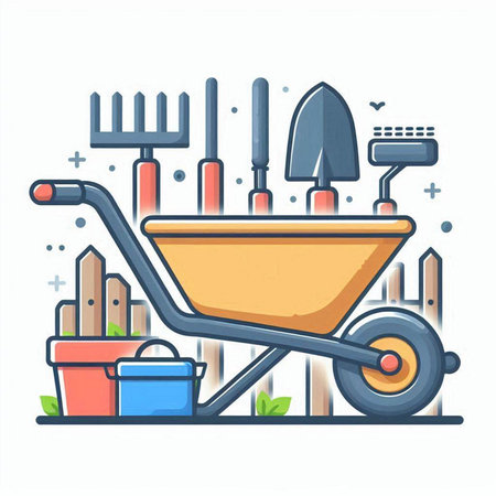 Garden tools, wheelbarrow, rake, shovel, watering can, trowel, rake. Vector illustration.のイラスト素材
