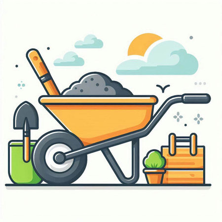 Wheelbarrow with soil and tools. Vector illustration in flat styleのイラスト素材