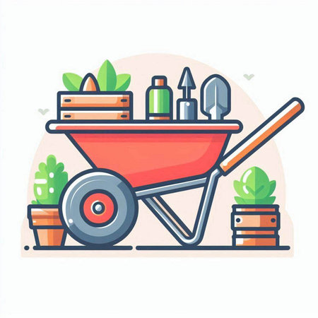 Gardening tools in wheelbarrow. Vector illustration in flat styleのイラスト素材