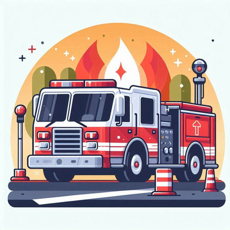 Fire engine on fire, vector illustration in flat style. Firefighters.のイラスト素材