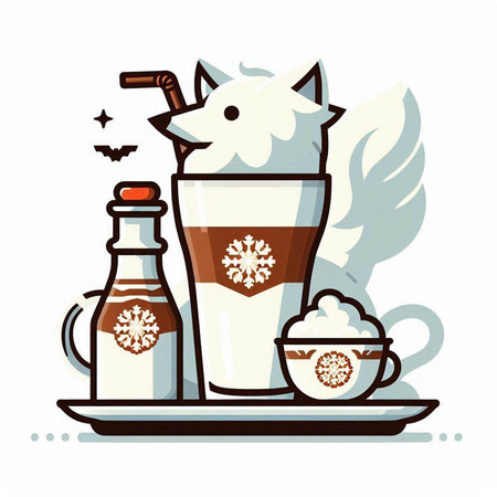 Vector illustration of a cup of hot latte with whipped cream and a foxのイラスト素材