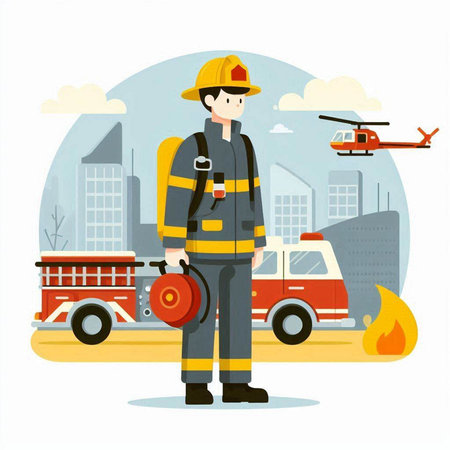 Firefighter in uniform with firetruck. Flat vector illustration.のイラスト素材