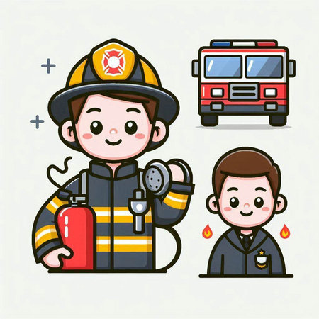 Fireman and fireman characters set. Cute cartoon vector illustration.のイラスト素材