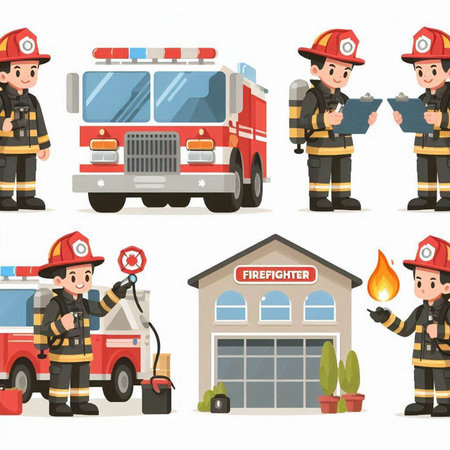 Cartoon fireman, fireman, firefighter, fireman, fire truck. Vector illustration.のイラスト素材