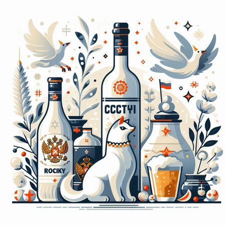 Vector illustration of Russian vodka, vodka bottle, siberian husky dog, glass of beer, christmas decorations.のイラスト素材