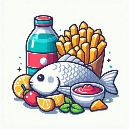 Cute fish with french fries and ketchup. Vector illustration.のイラスト素材