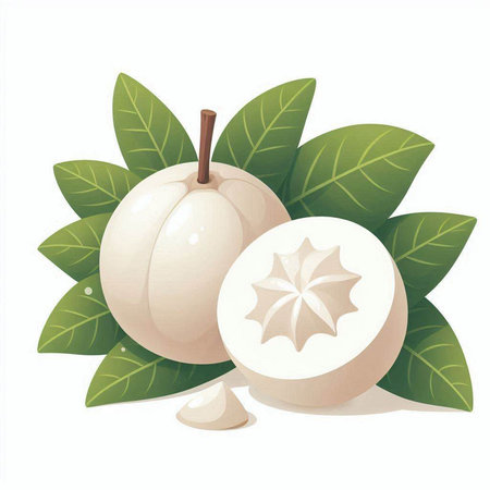 Sapodilla fruit and leaves on white background. Vector illustration.のイラスト素材