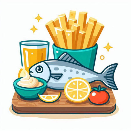 Fish and chips on a wooden board. Vector illustration in cartoon style.のイラスト素材