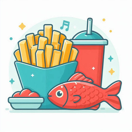 Fried fish with french fries, ketchup and soda. Vector illustration.のイラスト素材
