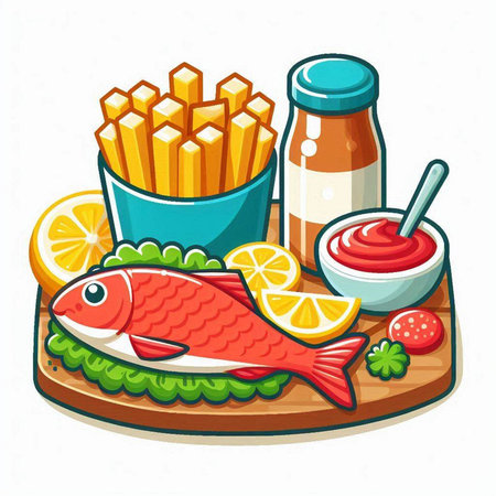 Illustration of a Fresh Fish with French Fries and Sauce on a Cutting Boardのイラスト素材