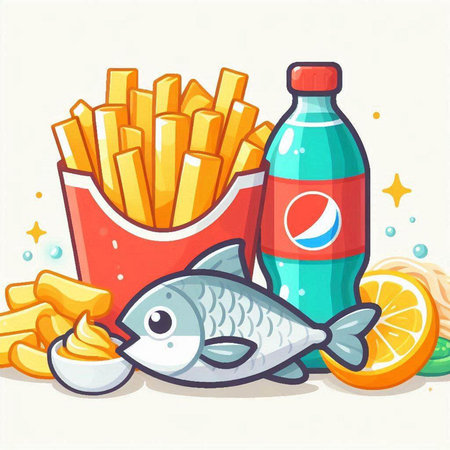 Fried fish, chips, soda and lemon. Vector illustration.のイラスト素材