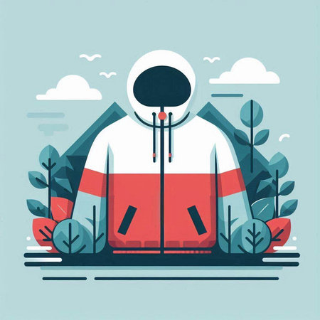 Vector illustration of a man in a jacket with a hood on a background of nature.のイラスト素材