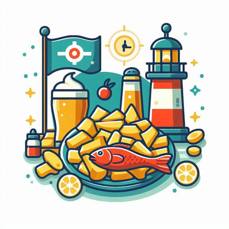 Fried potatoes and fish on a plate. Vector illustration for your designのイラスト素材