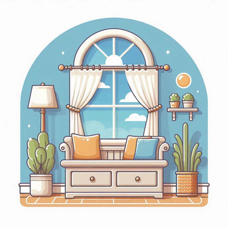 Living room interior with window, armchair, lamp and plants. Vector illustration.のイラスト素材