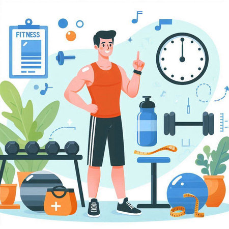 Sporty man doing exercises at home, vector illustration in flat styleのイラスト素材