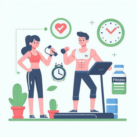 Fitness man and woman training on a treadmill. Flat vector illustration.のイラスト素材