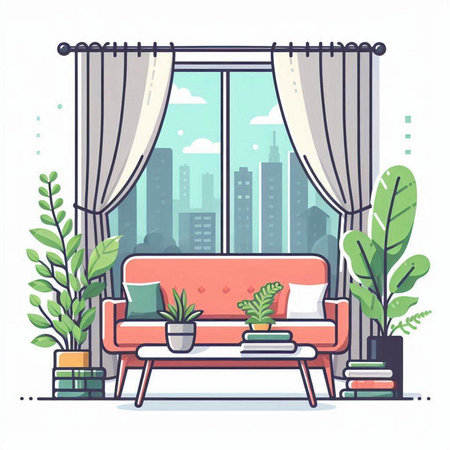 Living room interior with sofa, plants and window. Vector illustration.のイラスト素材