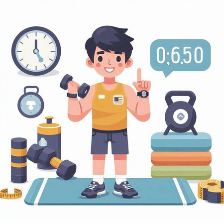 Boy with dumbbells. Fitness and healthy lifestyle concept. Vector illustrationのイラスト素材