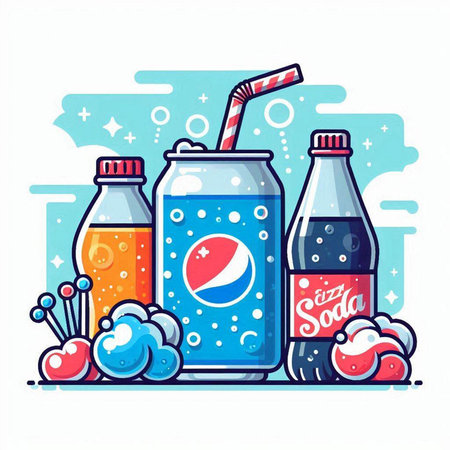 Soda drinks flat vector illustration. Beverage bottle with straw, ice cubes, cherry, cherry, strawberry, blue background.のイラスト素材
