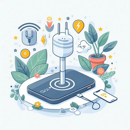 Smartphone with power plug on the screen. Internet connection. Vector illustration.のイラスト素材