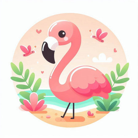 Pink flamingo on the beach, vector illustration in flat cartoon styleのイラスト素材