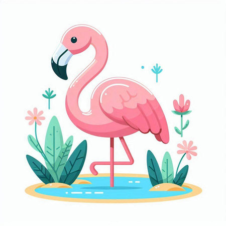 Pink flamingo standing in a pond with flowers. Vector illustration.のイラスト素材