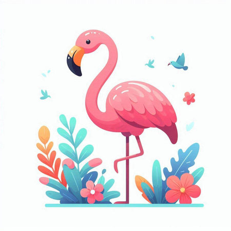 Cute pink flamingo with flowers. Vector illustration in cartoon styleのイラスト素材