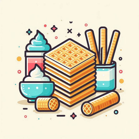 Vector illustration of a stack of wafers, ice cream and wafer rolls.のイラスト素材