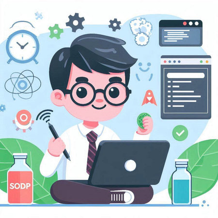 Man working at home with laptop. Freelance concept. Vector illustrationのイラスト素材