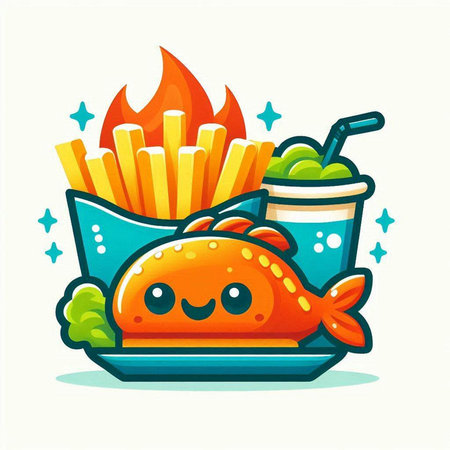 Fast food vector illustration. Grilled chicken with french fries and salad.のイラスト素材